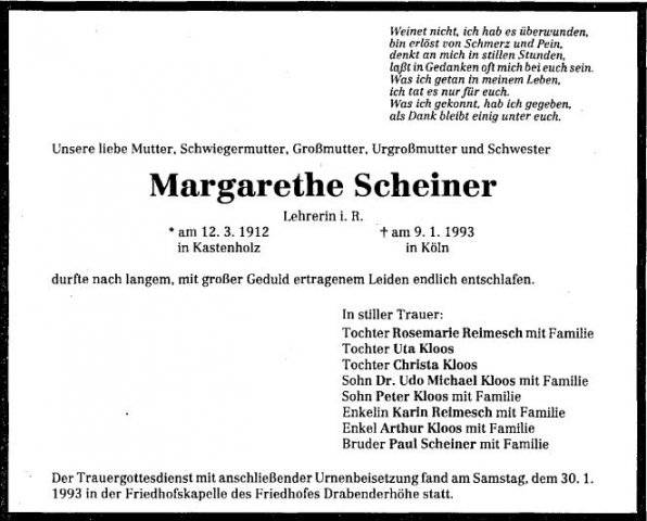 Scheiner Margarethe 1912-1993 Todesanzeige